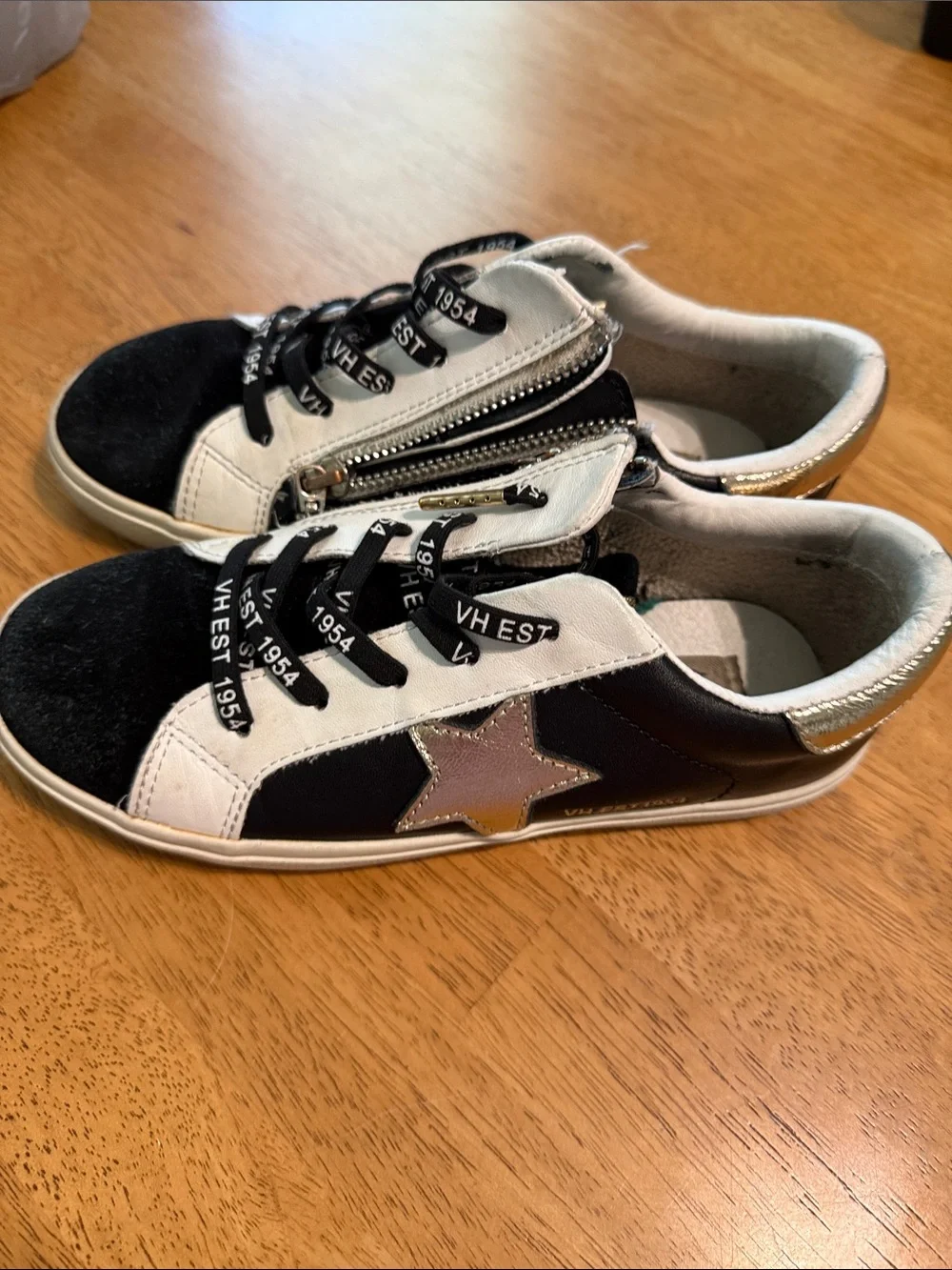 Vintage Havana Black and White Kids Sneakers with Side Zip and Branded Laces